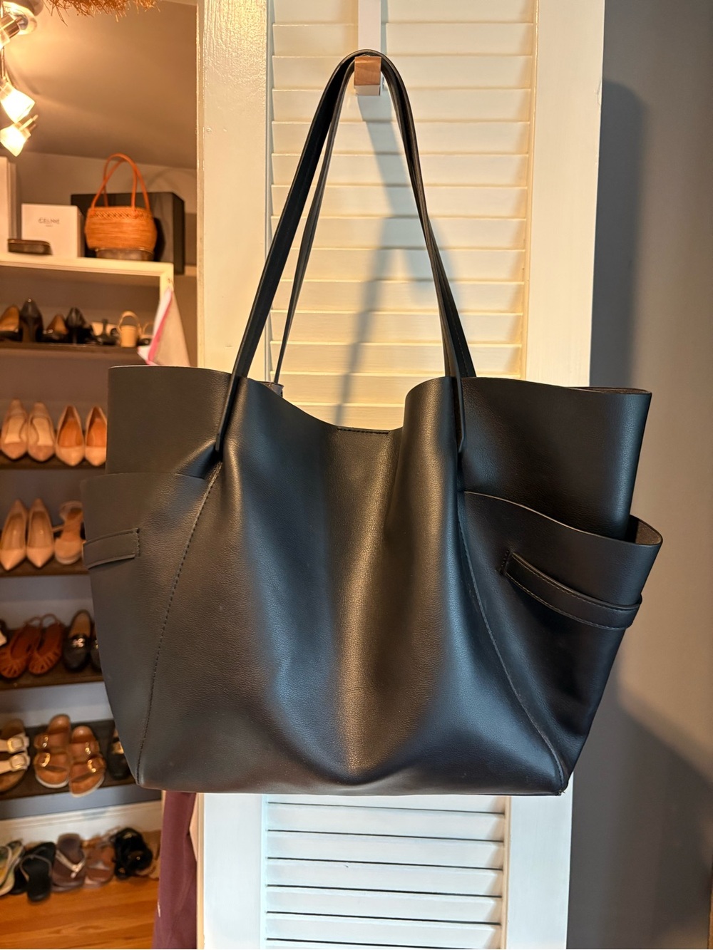 Everyday Black Leather Tote with Side Slip Pockets